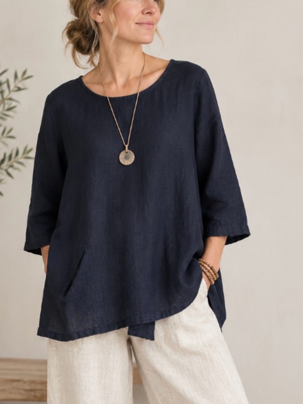 FLAX 100% Linen Tunic Top Washed Black Button Back Detail Lagenlook Coastal L